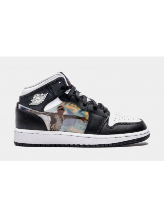 Air Jordan 1 Mid Holograma Escuela Primaria Lifestyle Zapatos (Negro)
