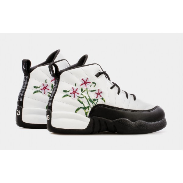 Air Jordan 12 Retro Floral Preescolar Estilo de vida Zapatos (Negro / Blanco)