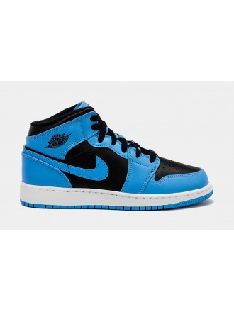 Air Jordan 1 Retro Mid University Blue Grade School Lifestyle Zapatos (Negro/Azul)
